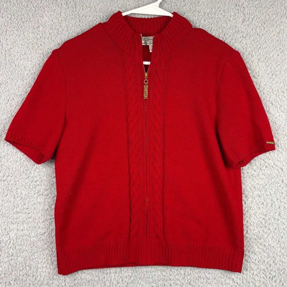 St John Sport Sweater Women P Red Cardigan Cable Knit Full Zip Short Sleeve Wool